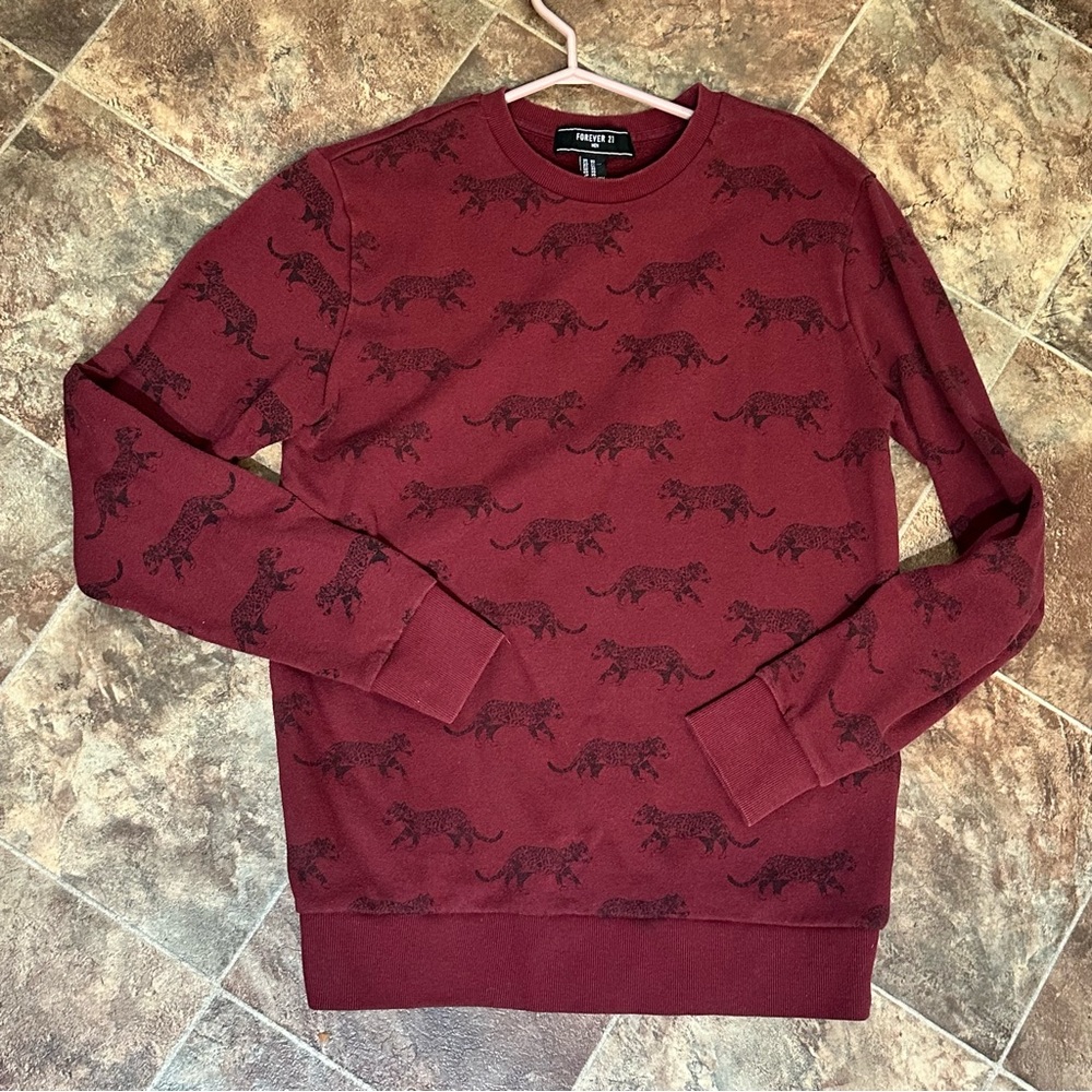 Forever 21 burgundy Crewneck Sweater jaguar leopard